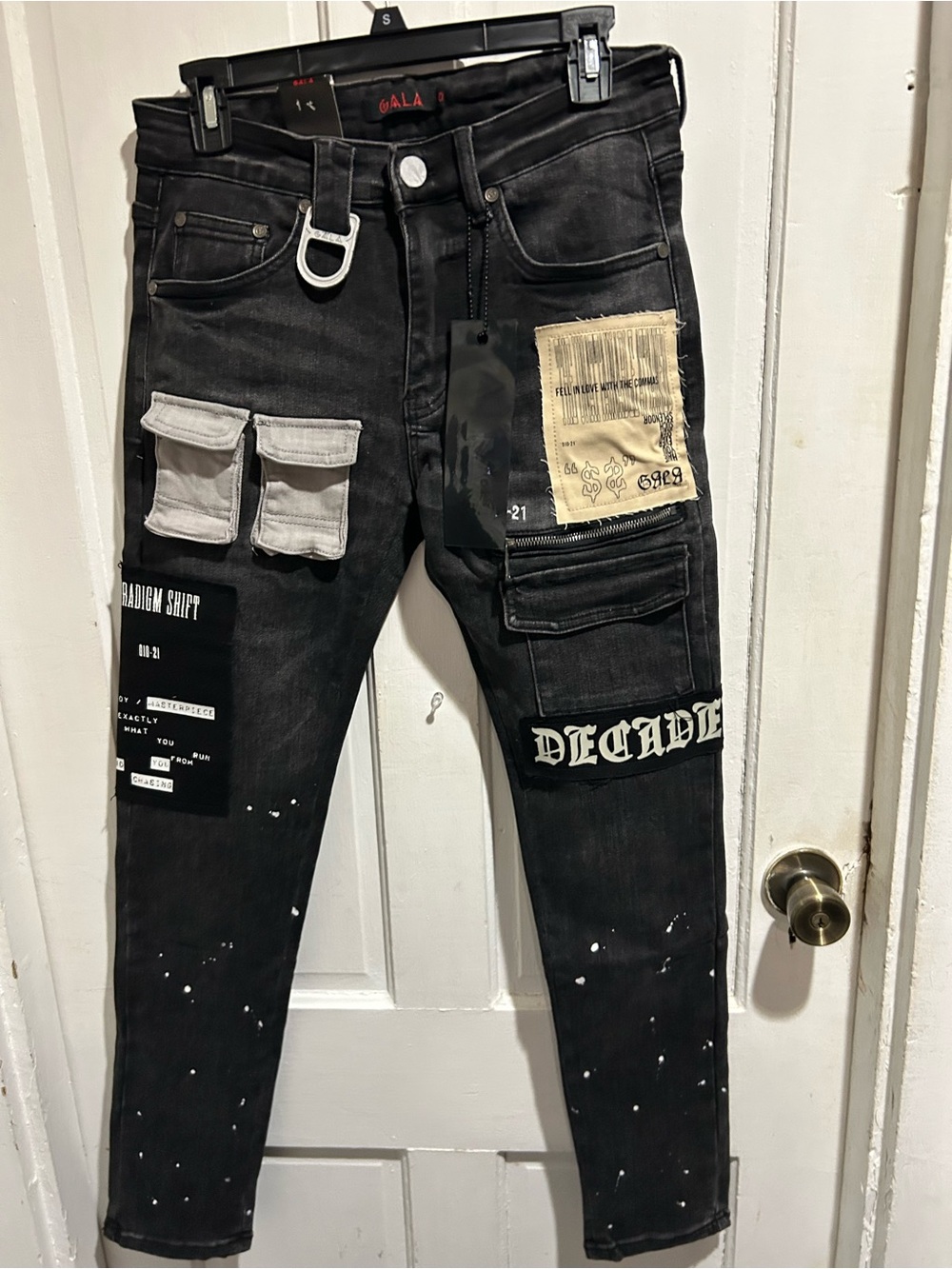Black Decorated Patchwork Cargo Skinny Jeans